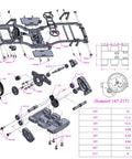Exploded view of RC Carbon Fiber LCG Chassis Kit For 1/10 Scale Crawlers With Front Mounted Transmission Ultra Lightweight Multi Layer Carbon Fiber Frame Cab Body Mount Brace Compatible With SCX10 SCX10 II Capra 1.9 UTB And DIY Builds Colorful Finish.