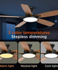 52 Inch No Fuss Quiet Ceiling Fan With Light And Remote Easy Setup Low Profile Flush Mount Ceiling Fan Reversible Blades Dimmable 3CCT Ultra Silent Black Fan showcasing color temperatures.