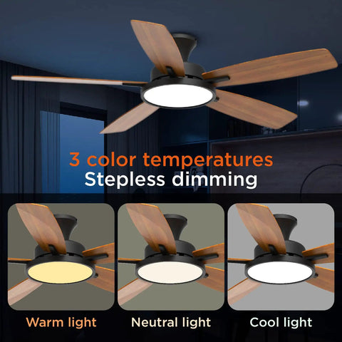 52 Inch No Fuss Quiet Ceiling Fan With Light And Remote Easy Setup Low Profile Flush Mount Ceiling Fan Reversible Blades Dimmable 3CCT Ultra Silent Black Fan showcasing color temperatures.