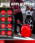 Heavy Duty Portable Battery Powered Fuel Transfer Pump With Flow Control Nozzle And Reinforced Vinyl Hose For Zero Drama Gas And Diesel Siphoning And Relaxed Weekend Projects in use with a red gas can.