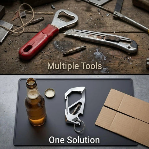 Stainless Steel Go-To Multi-Tool Carabiner With CNC Milled Quick Release Locking Hook, Bottle Opener, Box Cutter And Screwdriver For Camping