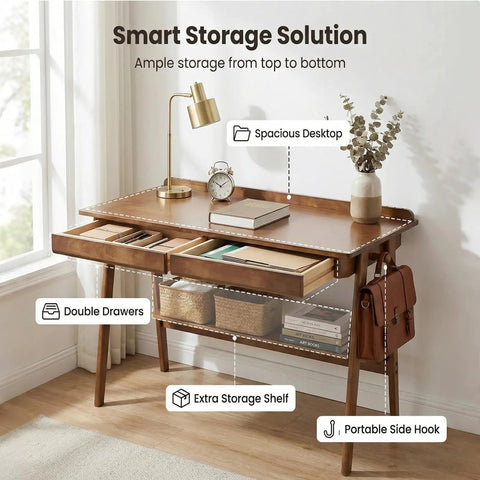 47 Inch Solid Wood Writing Desk With Warm Walnut Finish, double drawers, spacious desktop, ideal for home office use.