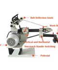 Badass Heavy Duty 2Hp Bench Belt Sander Providing Variable Speed Tuning For Sheet Metal Prep And Knife Crafts With Three Different Abrasive Strips Plus Curved Polishing Wheels 220V side view with motor and adjustable parts labeled
