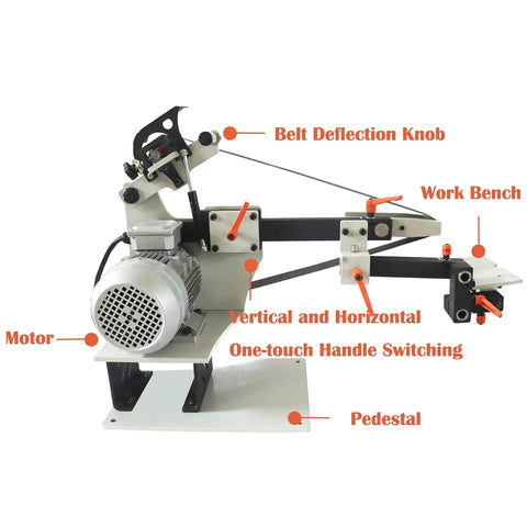 Badass Heavy Duty 2Hp Bench Belt Sander Providing Variable Speed Tuning For Sheet Metal Prep And Knife Crafts With Three Different Abrasive Strips Plus Curved Polishing Wheels 220V side view with motor and adjustable parts labeled