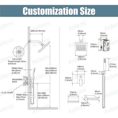 Diagram of Rainfall Shower System With 8 Inch Polished Chrome Shower Head, Tub Filler, Handheld Sprayer dimensions