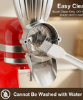 Grain Mill Attachment For KitchenAid Stand Mixer With Nine Grind Levels shown on red mixer with brush for dry cleaning