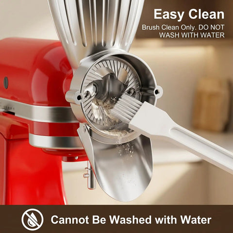 Grain Mill Attachment For KitchenAid Stand Mixer With Nine Grind Levels shown on red mixer with brush for dry cleaning