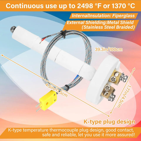 Kiln Temperature Thermometer With K Type Thermocouple And Ceramic Insulator Sensor, Built To Take The Heat, Full Range Pyrometer