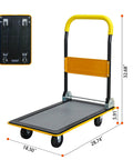 Heavy Duty Foldable Platform Hand Truck Rated At 330 Lbs With Silent Swivel Rollers That Glide Like Butter And Collapse Flawlessly For Stress Free Hauls Around Town, showing dimensions and foldable design.