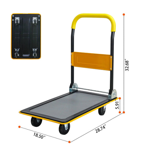 Heavy Duty Foldable Platform Hand Truck Rated At 330 Lbs With Silent Swivel Rollers That Glide Like Butter And Collapse Flawlessly For Stress Free Hauls Around Town, showing dimensions and foldable design.