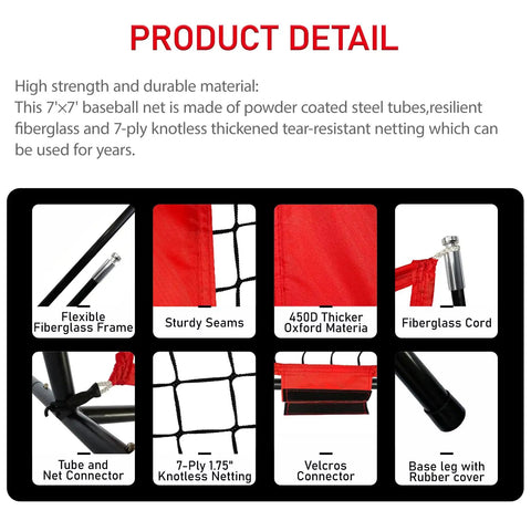 Close-up details of 7 By 7 Foot Baseball And Softball Practice Net With Stable Bow Frame and Heavy Duty Mesh Strike Zone Target.