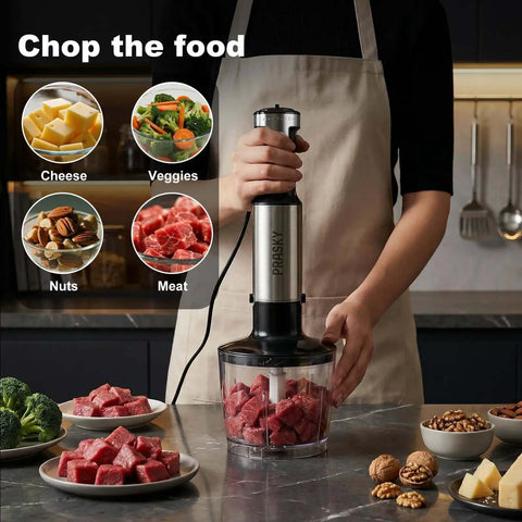Tough As Nails Handheld Immersion Blender With Twenty Speed Settings And Turbo Boost 1200W hand mixer chopping meat and vegetables.
