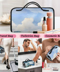 Aircraft Pattern Roll Up Cosmetic Bag With Four Removable Storage Pouches Waterproof Foldable Travel Toiletry Organizer For Women Hanging Makeup Case Travel Must Have Keeps Cosmetics Neat And Tangle Free displayed with cosmetics.
