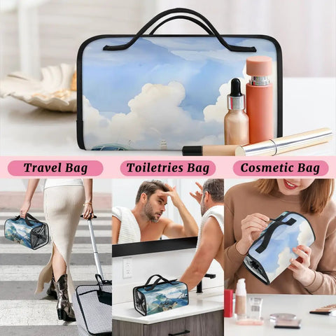 Aircraft Pattern Roll Up Cosmetic Bag With Four Removable Storage Pouches Waterproof Foldable Travel Toiletry Organizer For Women Hanging Makeup Case Travel Must Have Keeps Cosmetics Neat And Tangle Free displayed with cosmetics.