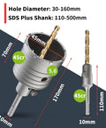 Heavy Duty Four Inch Concrete Hole Saw Kit, 100mm Masonry Core Drill Bit, SDS Plus Rotary Hammer Accessory Set with dimensions shown.