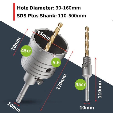 Heavy Duty Four Inch Concrete Hole Saw Kit, 100mm Masonry Core Drill Bit, SDS Plus Rotary Hammer Accessory Set with dimensions shown.