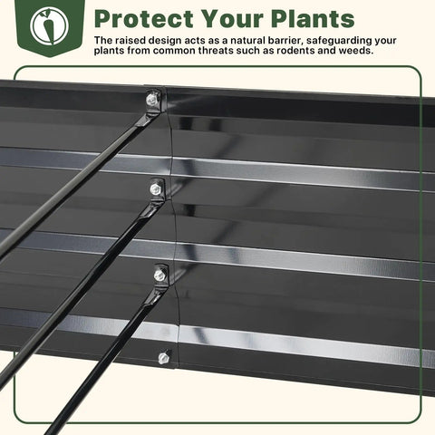 Galvanized Raised Garden Bed With Trellis, 6 By 3 By 1 Ft, Two Pack Outdoor Garden Beds For Vegetables, Herbs And Flowers, Upgraded 4 By 3 Support, Black, Holds About 18 Cu Ft Of Soil 135 Gallons, close-up side view, showcasing black steel panels and support structure.