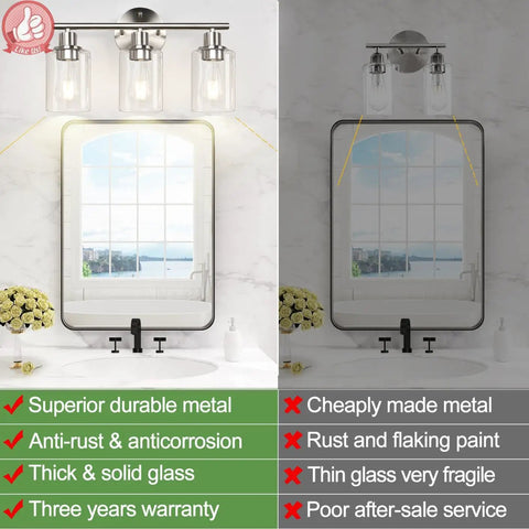 3 Light Brushed Nickel Vanity Light Fixture With Clear Glass Shades For Bathroom Mirror Glow Farmhouse Wall Sconce comparison