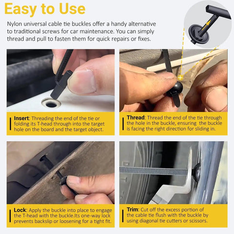 Guide on using Heavy Duty Nylon Universal Cable Tie Buckles And Self Locking Zip Tie Clips for cars showcasing steps: insert, thread, lock, trim.