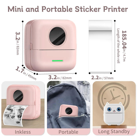 No Sweat Portable Mini Sticker Printer And Slick Inkless Thermal Maker With Effortless Bluetooth Sync For Quick Journaling Labels, showing dimensions and inkless feature.