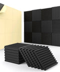Twelve Pack Self Adhesive Acoustic Foam Panels One Inch Thick High Density Quick Recovery Sound Proof Wall Tiles For Gaming Room And Home Studio Black stacked and installed on wall.