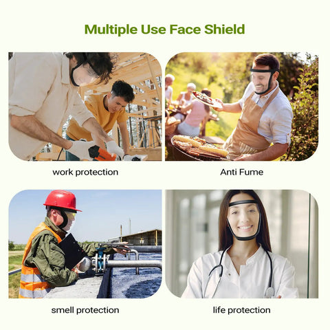 Clear Full Safety Face Shield For Adults used in various settings, including work, anti-fume, smell, and life protection applications.