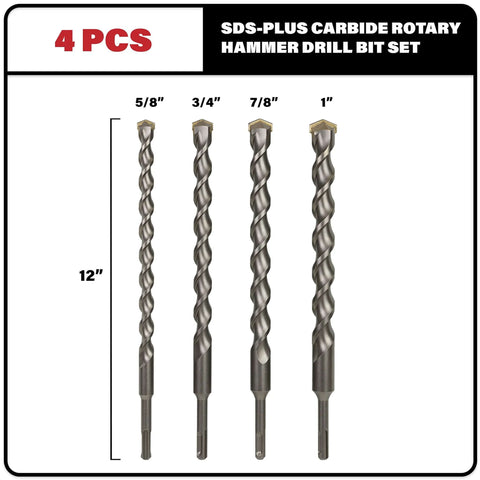 Front view of a 4-piece SDS-Plus carbide rotary hammer drill bit set, 12-inch bits in sizes 5/8, 3/4, 7/8, 1 inch