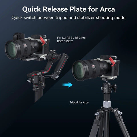 Quick release plate for Arca system on tripod and gimbal showcasing easy transitions for Sony A7C II and A7CR.