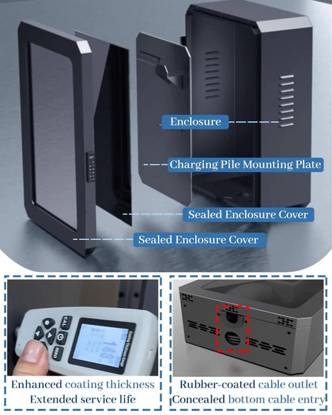 Top Shelf Outdoor EV Charger Pedestal With Keypad Lock For Tesla Model Y showing weatherproof enclosure, cable outlet, and mounting plate details.