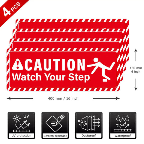 Hella Durable 4 Pack Caution Watch Your Step Floor Decals 6 X 16 Inch Self Adhesive Vinyl Warning Sign For Indoor Outdoor Non Slip Protection Easy Peel And Stick Setup
