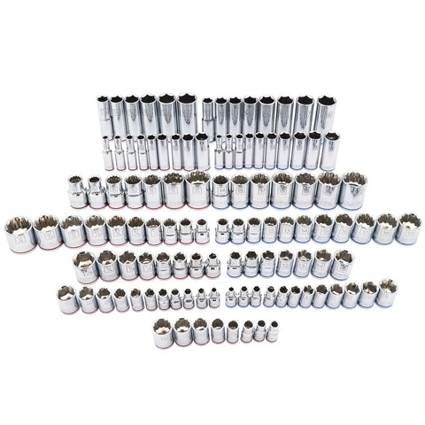 Pro-Grade 233-Piece Mechanics Tool Set With SAE And Metric Wrenches, Quick-Release 90-Tooth Ratchets arranged on white background