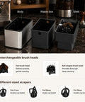 Top Shelf Electric Portafilter Cleaner With Automatic Dual Brush Fits 51mm And 58mm Filters shows body, waste box, and interchangeable brush heads.