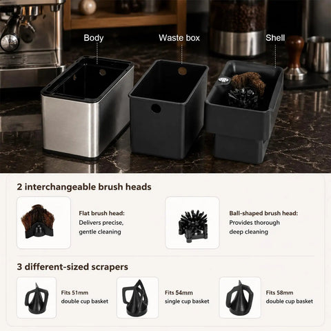 Top Shelf Electric Portafilter Cleaner With Automatic Dual Brush Fits 51mm And 58mm Filters shows body, waste box, and interchangeable brush heads.