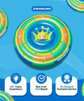 Top view of a colorful swim float branded with 'Swimline', featuring a crown design and dollar symbols, on a blue background.