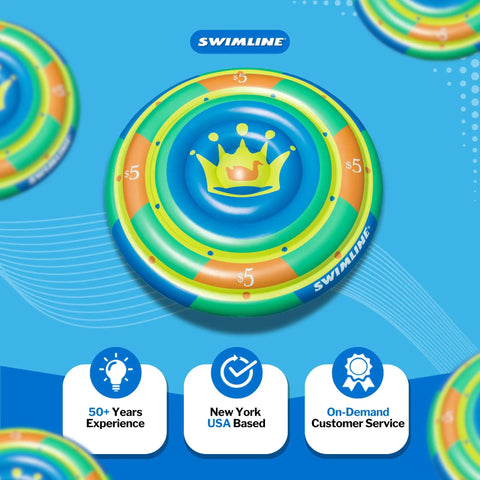 Top view of a colorful swim float branded with 'Swimline', featuring a crown design and dollar symbols, on a blue background.