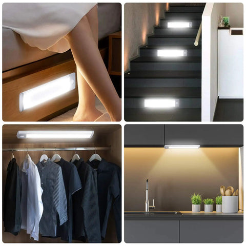Two Pack Rechargeable Wireless LED Closet Lights With Motion Sensor in various home settings, under bed, stairs, closet, and cabinet