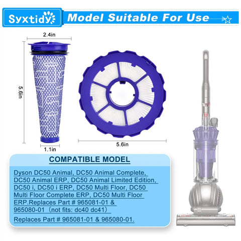 Dyson DC50 Vacuum Filter Replacement Set With One HEPA Post Filter And Two Washable Pre Filters dimensions shown
