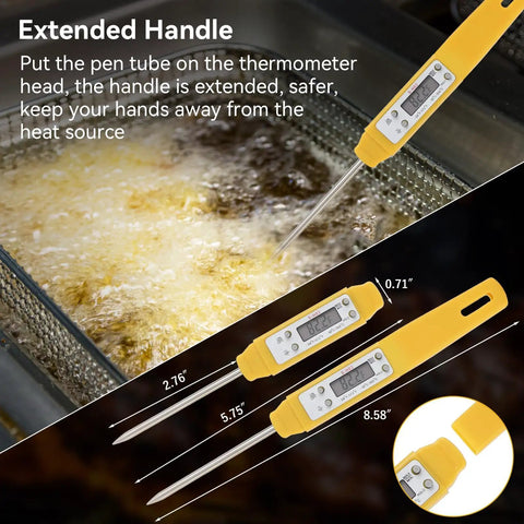 Digital Food Thermometer With Automatic Calibration For High Accuracy Cooking, yellow waterproof design with extended handle.