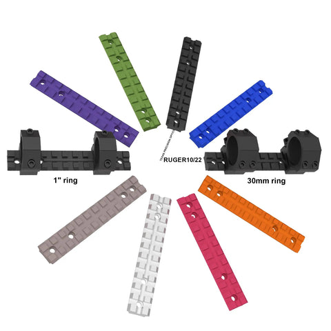 Color variations of the Ruger 10/22 Picatinny Rail Mount for Red Dot Sights Scopes and Optics, 11 Slot 6061 T6 Aluminum