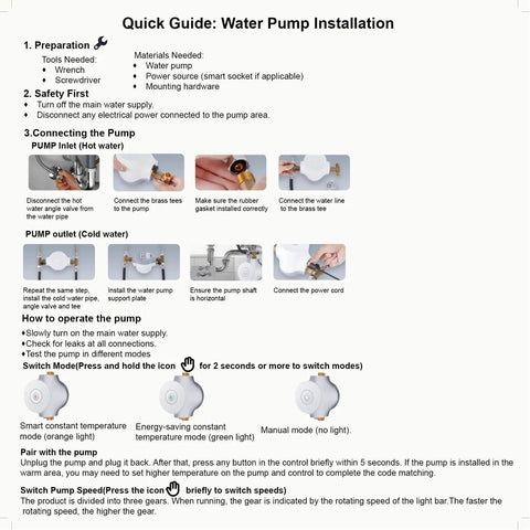 Quick guide for Smart Instant Hot Water Recirculating Pump With Three Speed Settings And Built In Thermostat installation steps.