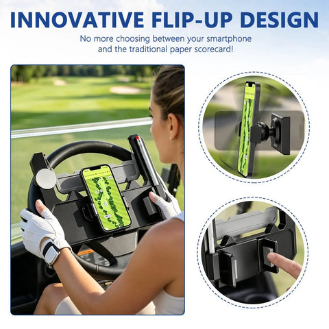 Flip Up Golf Cart Steering Wheel Phone Mount With 360 Adjustable Smartphone Holder And Clever Scorecard Slot for easy access on the course.