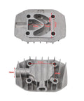 Oil-Free Silent Cast Aluminum Air Compressor Cylinder Head Replacement Part, 13 Size Options, Gray, Front and Back View