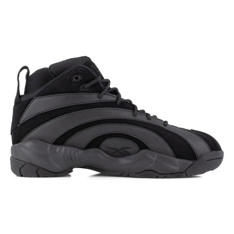 Side view of Shaqnosis Work Composite Toe Safety Shoes For Men Black And Gray Built Tough with Slip Resistant Outsole and XTR Composite Toe