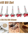 Front view of 5-piece hinge hole opener drill bit set, carbide-tipped, 15/20/25/30/35 mm for woodworking