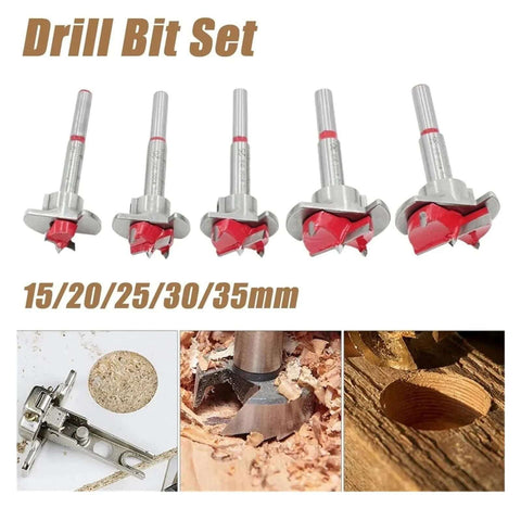 Front view of 5-piece hinge hole opener drill bit set, carbide-tipped, 15/20/25/30/35 mm for woodworking