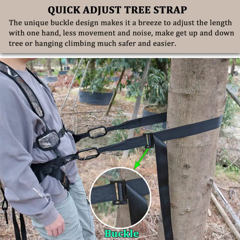 Tree Climbing Linemans Belt For Hunting With One Hand Adjustable Length And Safety Tether Set Up Climbing Sticks Or Hanging Tree Stand Harness For Secure Quick Access And Fall Protection shown on a tree with buckle detail