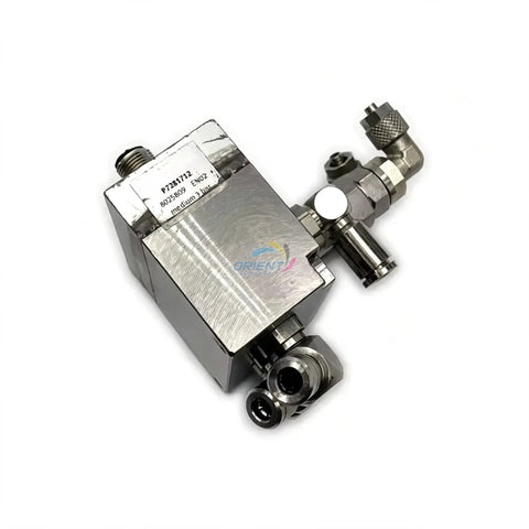 P7281712 Air Solenoid Valve Original Used Condition Drop In Ready For Printing Equipment Spare Parts Ideal For Quick Install On Printing Machines Replacement Part With Trusted Quality. Steel air solenoid valve with fittings
