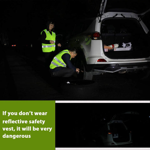 Two people changing a tire at night wearing 10 Pack XL Yellow High Visibility Reflective Safety Vests Class 2 For Traffic Roadside Emergencies