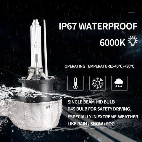 HID Headlight Ballast Control Unit With Igniter For Lexus shown with waterproof D4S bulb and temperature specifications.