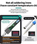 Comparison of ceramic and tungsten heating core soldering irons with digital display highlighting temperature stability.